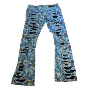 Copper & Rivet Mens Stacked Fit Distressed Floral Jeans 40 Cotton/Elastane Blue/